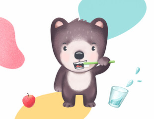 Cute teddy bear brushing teeth illustration. Colorful background with glass and apple. Square template.