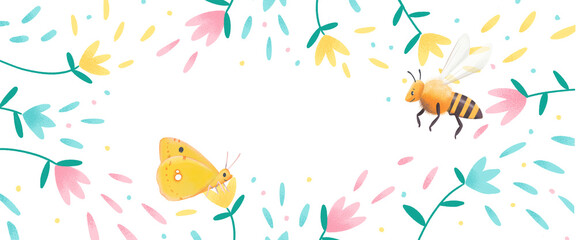 Floral banner with bee and butterflly.