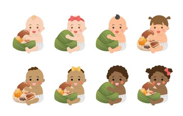 8 Babies with Different Skin Tones and Chinese Dragon Boat Festival Traditional Foods: Zongzi, Glutinous Rice Food Wrapped in Bamboo Leaves