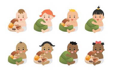 8 Babies with Different Skin Tones and Chinese Dragon Boat Festival Traditional Foods: Zongzi, Glutinous Rice Food Wrapped in Bamboo Leaves
