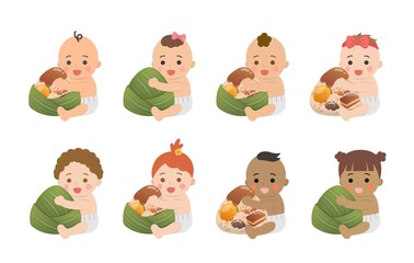 8 Babies with Different Skin Tones and Chinese Dragon Boat Festival Traditional Foods: Zongzi, Glutinous Rice Food Wrapped in Bamboo Leaves