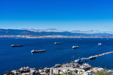 Panoramic view of the port of Gibraltar and the bay of Algeciras full of boats