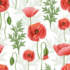 Poppy flower seamless pattern. Watercolor hand drawn poppy flowers wallpaper, fabric design, rustic botanical background