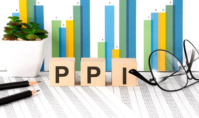 PPI word written on the wood block with chart, glasses and pencils