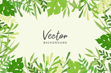 Green background with plants and leaves. Spring or Summer season abstract nature banner. Vector illustration