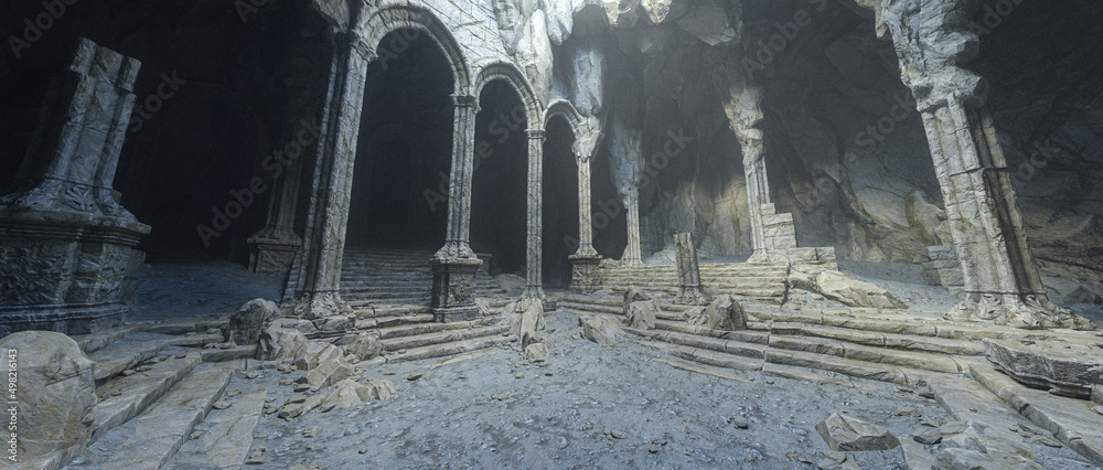 Aufkleber Dark dusty ruin of an ancient medieval fantasy temple underground in a mountain. 3D rendering.