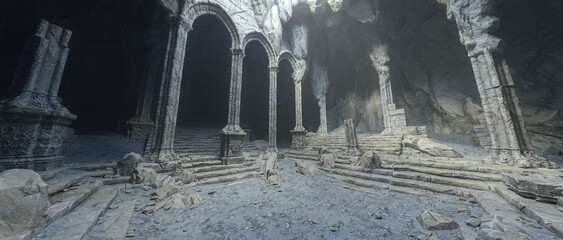 Dark dusty ruin of an ancient medieval fantasy temple underground in a mountain. 3D rendering. - obrazy, fototapety, plakaty