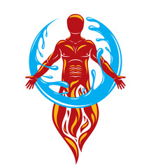 Vector illustration of athletic man created form fire and surrounded by a water ball. Nature elements harmony metaphor.