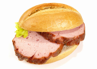 Baked Fine Meatloaf Slices in a Bun - German Fleischkaese Isolated on white Background