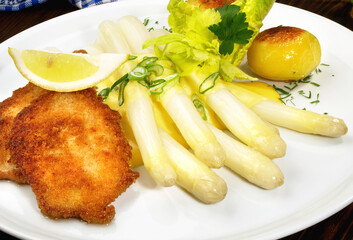 White Asparagus with Sauce Hollandaise, Wiener Schnitzel and Potatoes.
