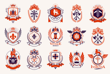 Heraldic Coat of Arms vector big set, vintage antique heraldic badges and awards collection, symbols in classic style design elements, family or business logos.