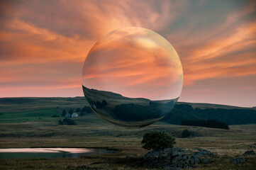 surreal sphere floating in the middle of a beautiful landscape , concept of mental health , living in a bubble , loneliness and isolation .