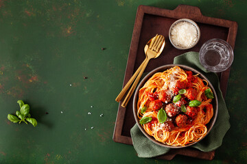 spaghetti with meatballs and tomato sauce, italian pasta