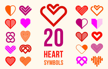 Hearts geometric linear logos vector icons or logotypes set, graphic design modern style elements, love care and charity geometrical symbols collection.