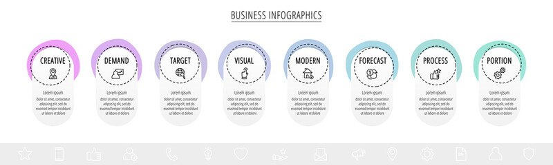 Vector hand-drawn infographics with 8 circles and labels. Modern concept graphic process template with eight steps and symbols. Sketch timeline for business project on white background