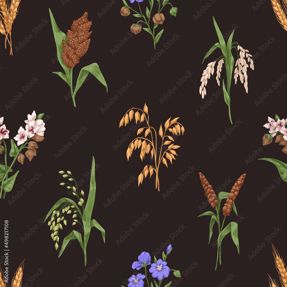 Aufkleber Seamless cereal pattern. Endless background with different grain crops, spikelets print. Repeating texture design with oat, millet, buckwheat, barley and flax. Vintage hand-drawn vector illustration