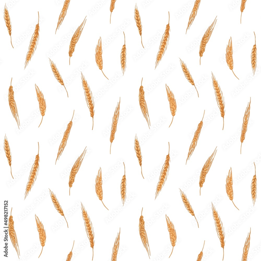 Poster Seamless cereal pattern with grain crop. Endless background with wheat, barley spikelets. Repeating print with golden field plants. Texture design in vintage style. Drawn graphic vector illustration