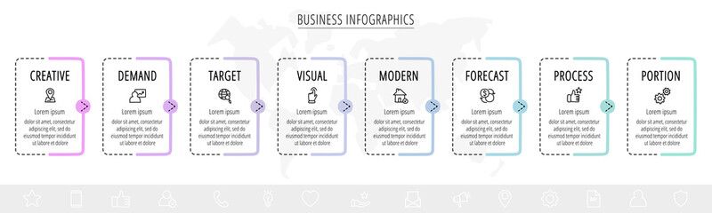 Modern vector hand-drawn infographics with 8 arrows and rectangles. Business concept graphic process template with eight steps and symbols. Sketch timeline for a project on white background