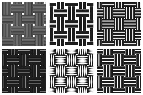 Weave seamless patterns set, vector linear backgrounds with woven textures, textile knitted repeat tiling wallpapers, perfect simplistic minimal designs.