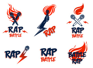 Rap music vector logos or emblems set with microphone in hand flames and lightning bolt, hot Hip Hop rhymes festival concert or night club party labels, t-shirt prints. - obrazy, fototapety, plakaty