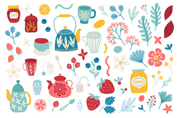 Summer design elements - tea, cup, strawberry, flowers, lemon, teapot, berry