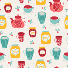 Floral seamless pattern with honey, jam, tea, cup, teapot, berries