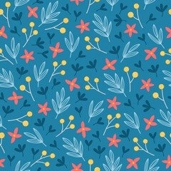 Floral seamless pattern with branches, flowers, leaves on blue background