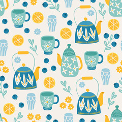 Floral seamless pattern with cup, teapot, lemon, berry, blueberry, leaves