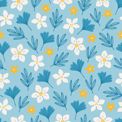 Floral seamless pattern with flowers, ginkgo leaves, branches. Vector illustration