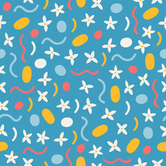 Floral seamless pattern with flowers, circles, wave lines. Vector illustration