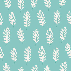 Floral seamless pattern with white leaves on turquoise background