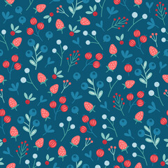 Floral seamless pattern with blueberry, cranberry, wild strawberry, leaves