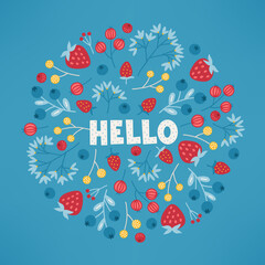 Floral greeting card with blueberry, strawberry, leaves, flowers. Circle ornament