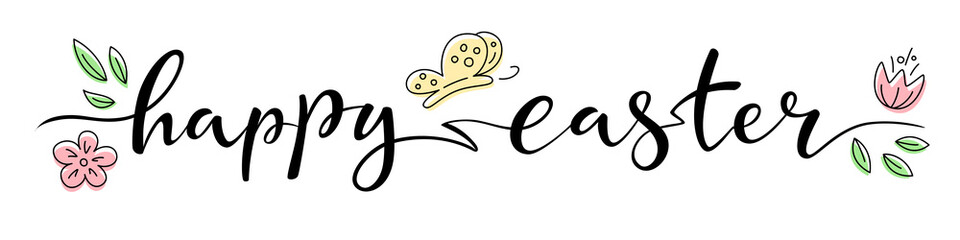 Hand drawn elegant brush lettering Happy Easter on transparent background. Line design with flowers and butterfly. For banner poster, label, sticker, flyer, header. Vector season greeting