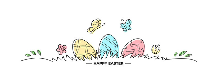 Colorful easter eggs on a grass with flowers and butterflies. Line design. Happy Easter concept on transparent background. Vector illustration for banner, poster, flyer, greeting card, invitation