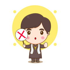 Cute priest holding wrong sign chibi cartoon character illustration