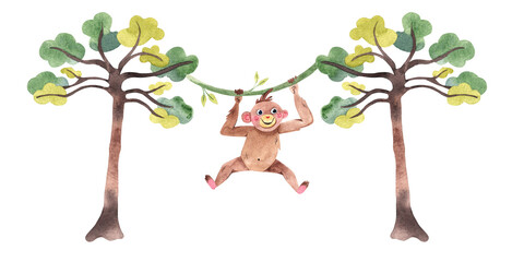 Watercolor cute monkey illustration hanginig on tree isolated on white background © Anastasia