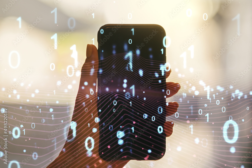 Poster creative abstract binary code hologram and hand with mobile phone on background, ai and machine lear