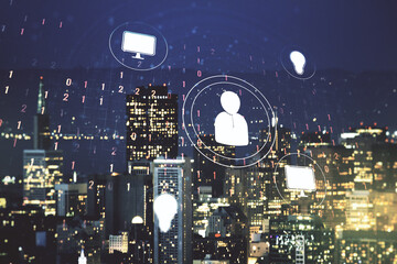 Double exposure of abstract virtual social network icons on San Francisco city skyscrapers...