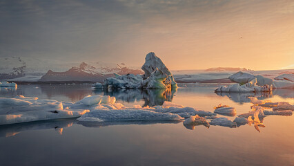 Jokulsarlon Glacier Lagoon Sunset, Midnight Sun during Summer in Iceland