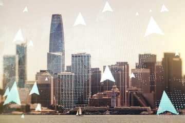 Abstract virtual geolocations map sketch on San Francisco office buildings background, GPS tracking...