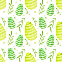Bright watercolor pattern for Easter, eggs leaves and dots in green colors on white background.