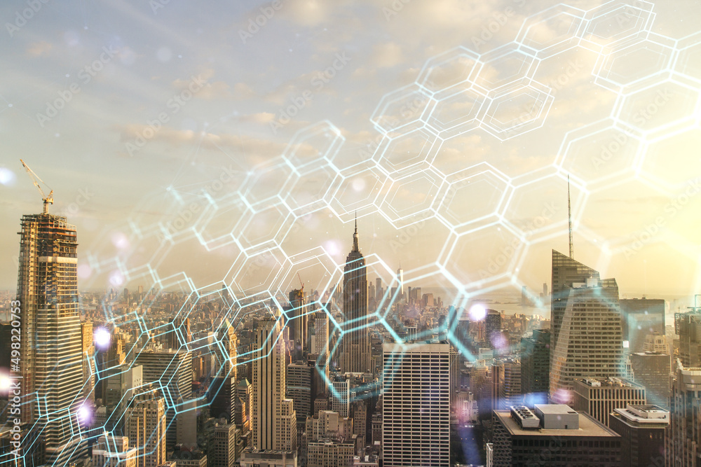 Poster abstract virtual wireless technology hologram with hexagon on new york city skyline background. big 