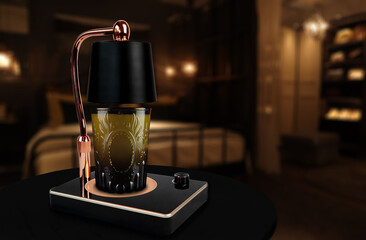 The luxury lighting aromatic scent glass candle is put on the electric lamp candle warmer heater on the black marble table in the black bedroom to create relax and romantic ambient on valentine day