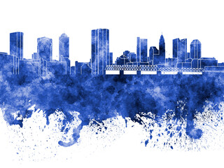 Columbus skyline in blue watercolor on white background