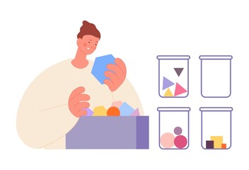 Man sorting geometric shapes. Time management and tasks distribution process. Guy hold hexagon and jars with circles, triangle and square, vector concept