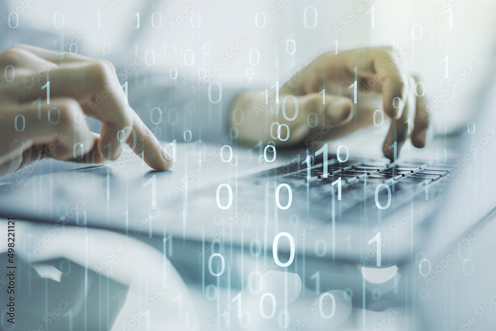 Aufkleber creative concept of binary code illustration and hands typing on laptop on background. big data and 
