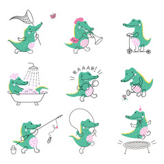 Cartoon crocodile characters. Cute wild crocodiles in humorous situations. Green animal from africa jumping, running, fishing. Nowaday childish vector set