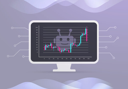 Algorithmic trading concept. AI-managed automated programmatic trading and investment illustration. Robo-advisor - artificial intelligence for forex, stocks. Laptop with growing candle stick chart