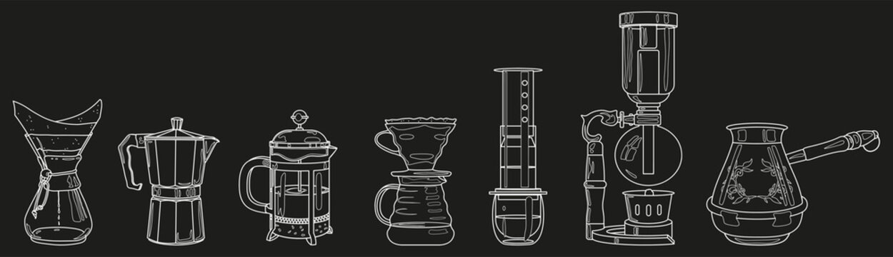 Coffee tools set. Coffee line icons. French press, chemex, aeropress, mocha, siphon, vector outline illustrations.